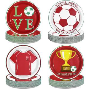 60 Pcs Soccer Paper Plates - 9" Football Fans Dessert Paper Plates Disposable Red Soccer Platters for Boys Girls Adults Football Theme Party Sports Party Supplies