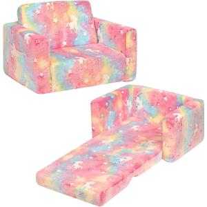 ALIMORDEN 2-in-1 Flip Out Cuddly Sherpa Toddler Couch, Convertible Sofa to Lounger,Glow-in-The-Dark Unicorn Pattern (Armchair)