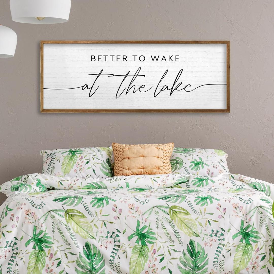 TQianJiang Lake House Decor Better To Wake At The Lake Sign 40"15" for Bedroom Above Over Bed Large Country Home Cabin Farmhouse Rustic Quote Wood Framed Wall Hanging Art (Wood)