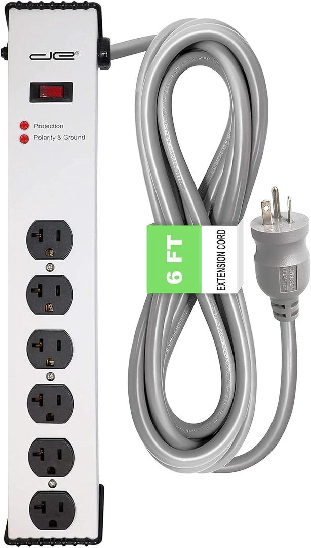 Digital Energy 20 Amp 6-20/T- Slot Plug | 6-Ft Cord - 900 Joule Surge Protector | 6-Outlet, Heavy Duty Steel Body Power Strip