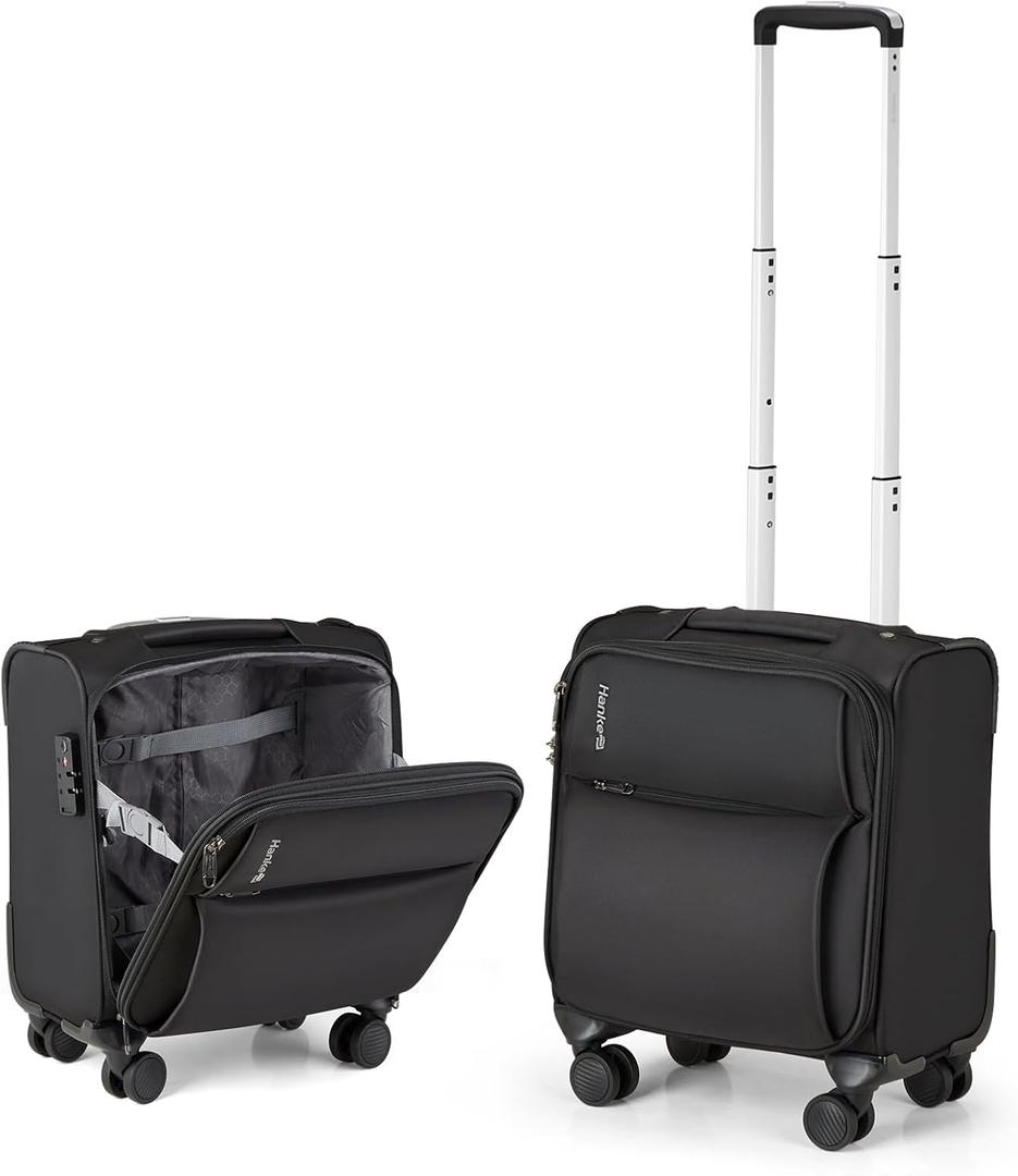 Hanke 16 Inch Underseat Carry On Luggage with Spinner Wheels Airline Approved, Small Rolling Suitcase Softside Underseater Lightweight TSA Travel Roller Suitcase Carry-On Bag(Black)