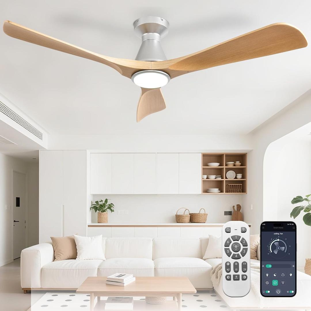 DLLT 52-Inch Ceiling Fans with Lights: Flush Mount Ceiling Fan 3 Blades for Indoor Outdoor - Dimmable Ceiling Fan with Remote APP Control Quiet DC Motor for Low Profile Bedroom