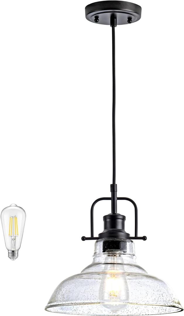 Black Industrial Pendant Light Farmhouse 1-Light with Adjustable Cord, Seeded Glass Shade,Rectangle Cute Hanging Lights for Hallway, Kitchen Island, Dinning Room