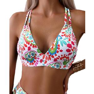 Tainehs Women's Push Up V Neck Bikini Tops Criss Cross Back Padded Bathing Suit Top (Atmy Green, XL)