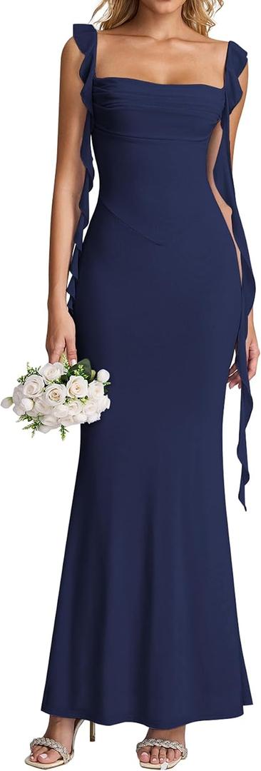 KUTUMAI Elegant Long Formal Wedding Guest Dresses for Women 2026 Ruffle Bodycon Cocktail Party Maxi Dress (Black, L)