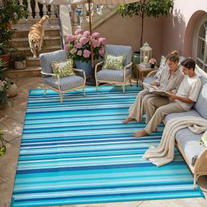 Outdoor Plastic Straw Rug Waterproof Patio 8x10 Blue Teal Stripe Mat for Porch Camping RV Balcony Deck Courtyard Reversible Lightweight Durable Portable Carpet
