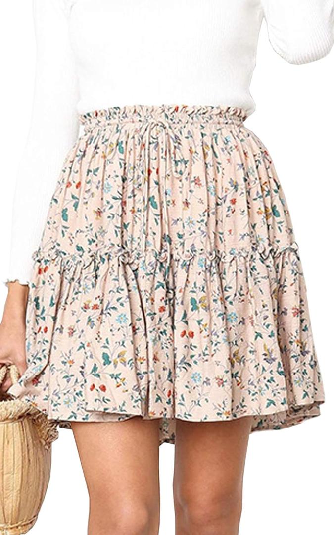 Hibluco Women' Floral Layered Ruffles Tie up High Waist Short Pleated Skirt (Pink, M)