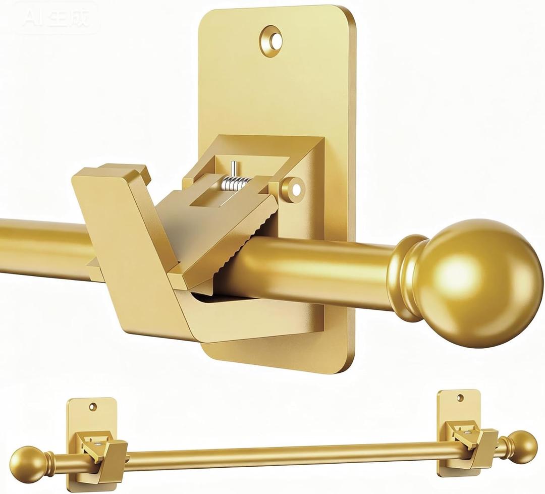 EKOTTOK Heavy Duty Curtain Rods No Drilling for Windows 30 to 90 Inches,5/8 Inch Diameter No Drill Small Curtain Rod Set with Adhesive Brackets, Gold