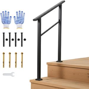 IDEALHOUSE 2 Step Outdoor Stair Handrail Kit, Black Aluminum & Iron Construction for Porch Steps, Easy Tool-Assembly Safety Railing, All Hardware & Gloves Included (1 Pack)