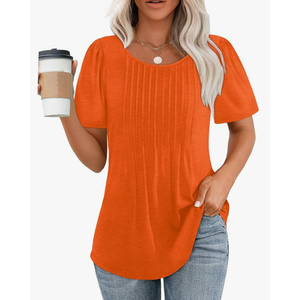 OFEEFAN Womens T Shirts Short Sleeve Pleated Dressy Casual Scooped Neck Summer Tops Blouses 3XL