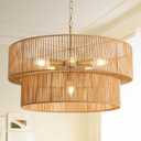 6-Light Boho Rattan Chandelier, 23.6" Rattan Pendant Light Fixture with 2-Tier Hand-Woven Shade, Farmhouse Chandelier Ceiling Light Fixture for Dining Room, Living Room, Bedroom, Kitchen Island, Foyer