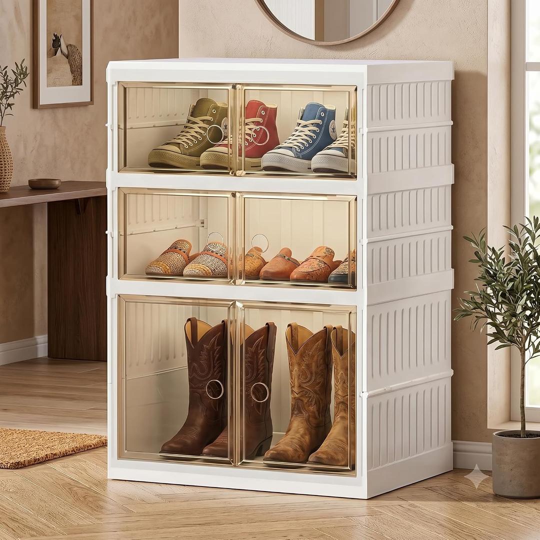 3-Tier Shoe Rack Organizer, Plastic, Floor Mount, for Closet, Storage System Shelf, Stackable, Collapsible, Portable, Magnetic, Drawer, 13.58 x 17.13 x 26.38 Inches, Rectangular