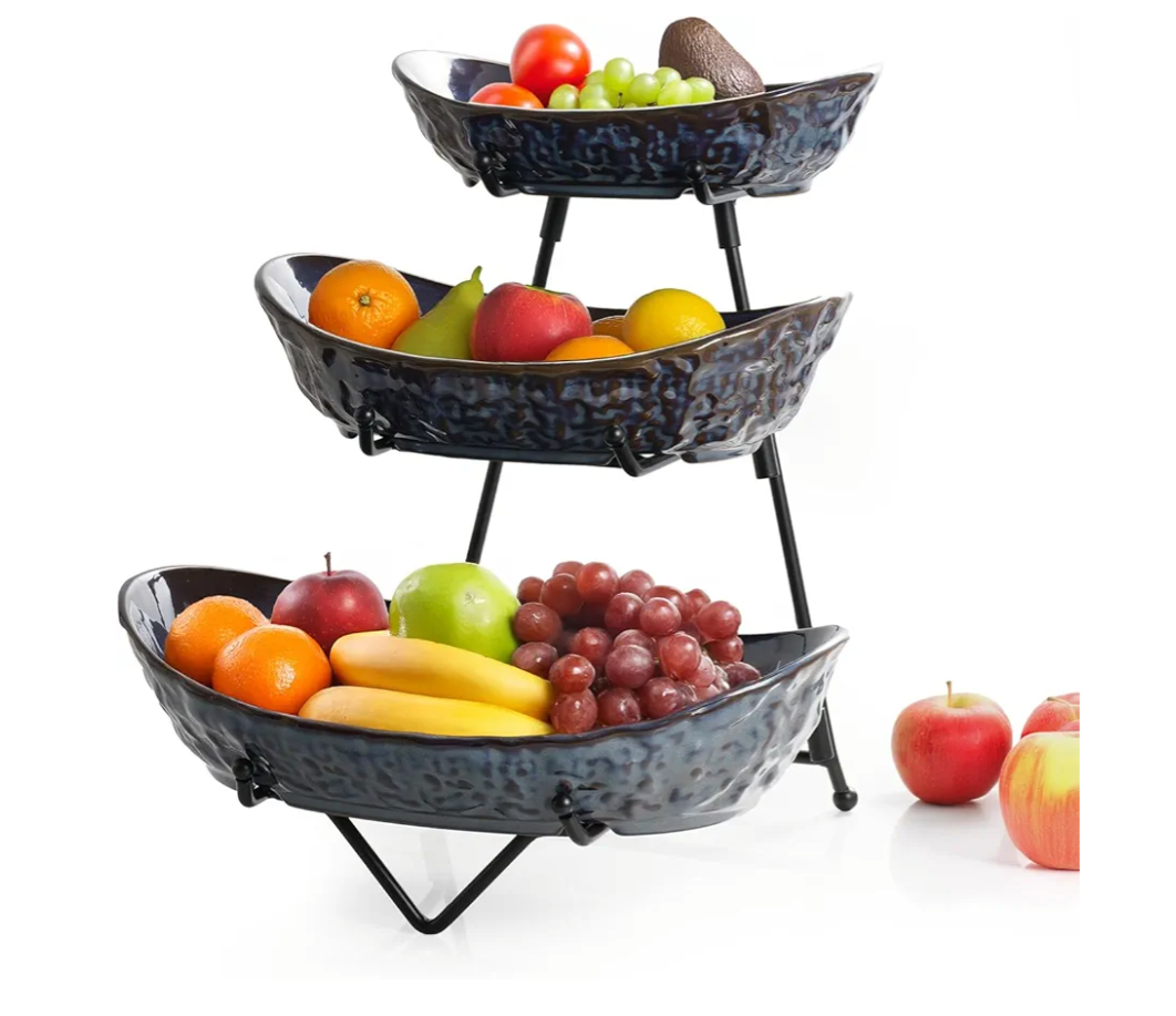 3 Tier Fruit Bowls with Metal Stand, Porcelain Fruit Basket for Kitchen Counter Fruit Display Stand for Party, Vegetable,Snack, Dessert, Blue