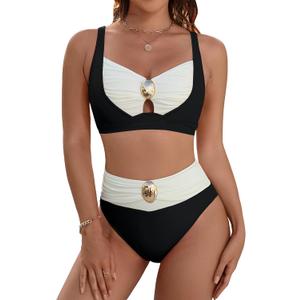 Blooming Jelly Womens High Waisted Bikini Sets Tummy Control Swimsuits Color Block Two Piece Bathing Suit Retro Swimwear (Small)