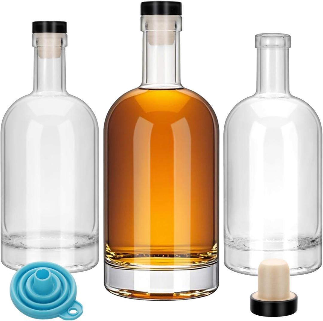 3Pcs 16oz Clear Glass Bottles with black Lids and PVC Shrink Capsules, 500ml Liquor Bottles with T-shaped Caps, Empty Heavy Base Wine Bottle for Wine, Whiskey, Soda, Beer, Juices, Beverages (3)