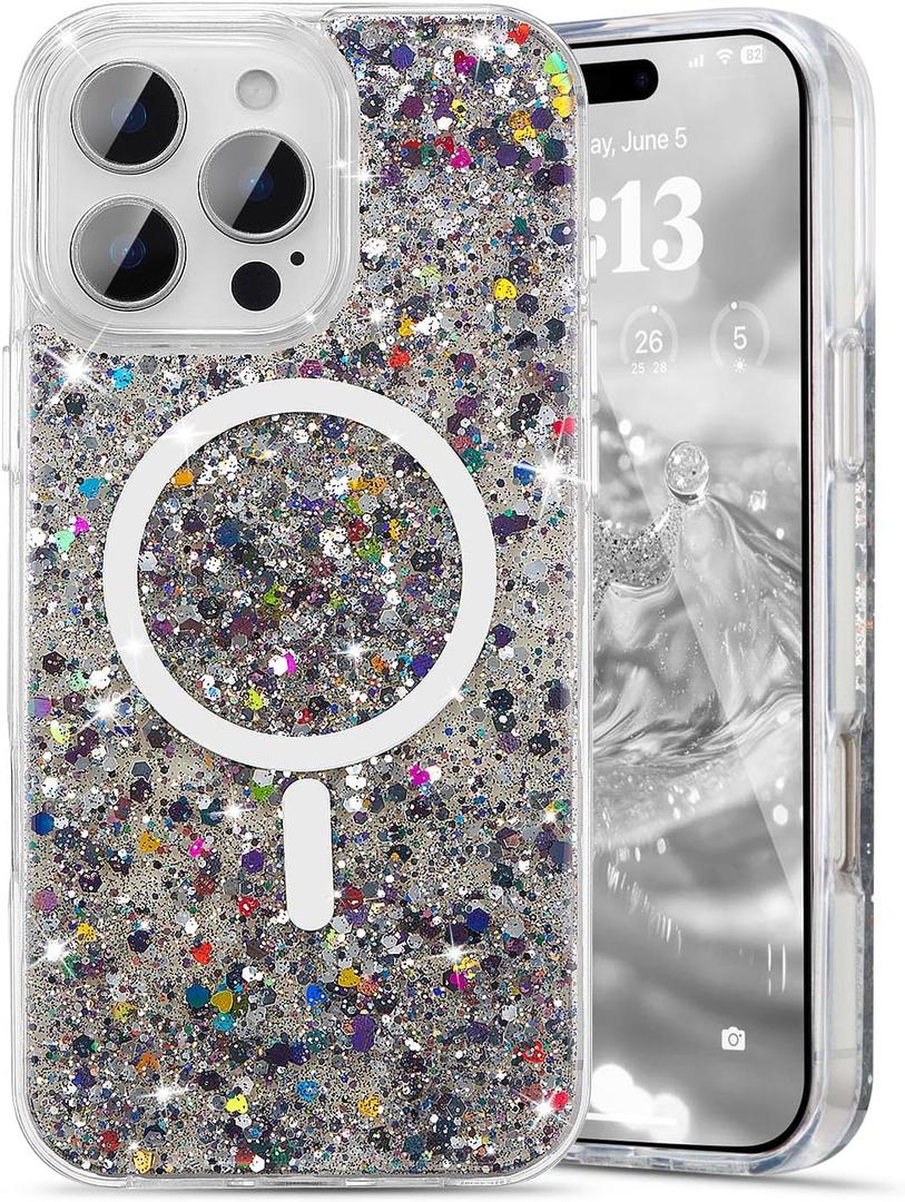 UEEBAI Glitter Case Magnetic for iPhone 14 Pro Max Case, Luxury Shiny Bling Sparkly Phone Cover Compatible with MagSafe, Wireless Charge Crystal Diamonds Shiny Cover for Women - Black
