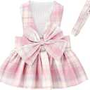 1 Pcs Pink Plaid Dog Dress Set, Cute Bow Tie Puppy Outfits with Bownot, Harness Leash Set for Small Girl Dogs Cats Birthday Holiday Outdoor Walking S
