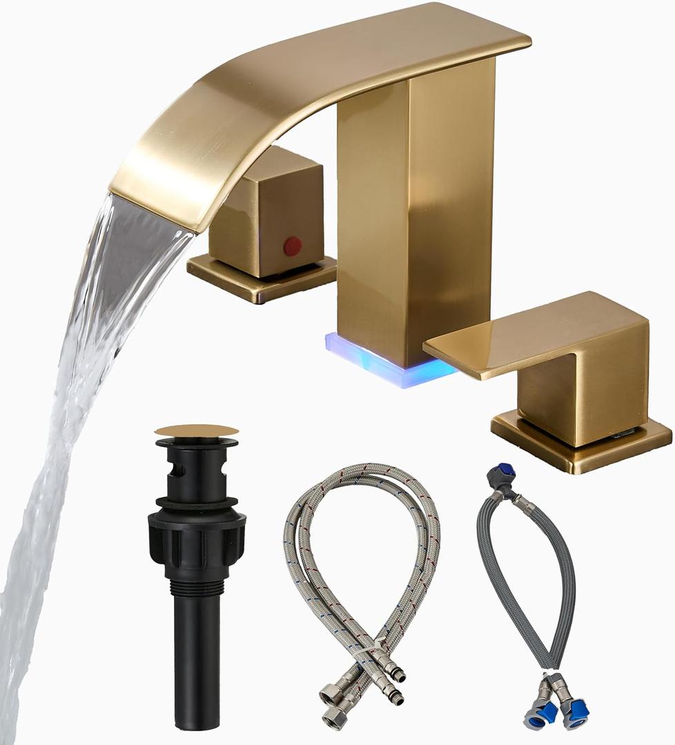 Brushed Gold Bathroom Faucet 3 Hole Widespread Waterfall Vanity Faucet for Bathroom Sink, Modern Touch on Two Handle Gold Faucet (Brushed Gold)