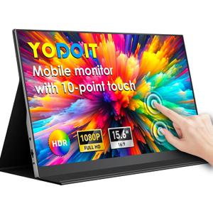Yodoit Portable Monitor Touchscreen 10-Point 15.6" FHD IPS Display with USB Type C Port and Speakers with Smart Cover Compatible with PC, MacBook, Xbox (Black)