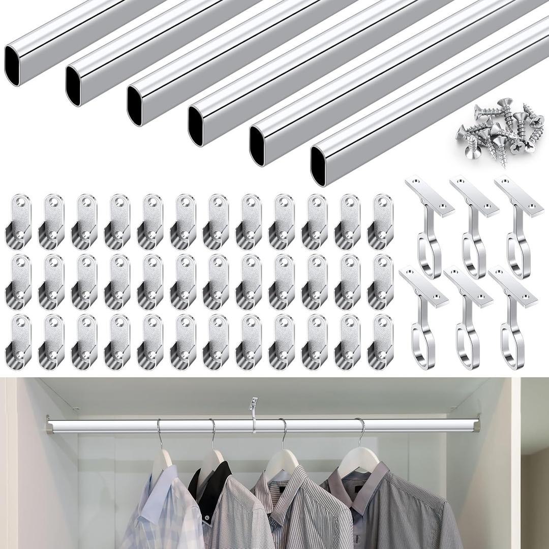 Tandefio Chrome Closet Rod 92 Inch with Oval Closet Rod 6 End Supports for Laundry Room Hanging Clothes Waterproof Shower for Curtains(Silver,2 Sets)