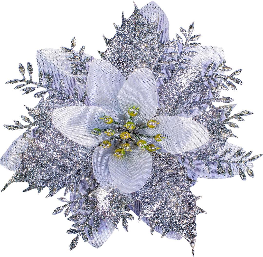 SolarStar 12 PCS Siver Glitter Poinsettias Artificial Christmas Flowers, 5.5 inches, with Clips for Christmas Tree Decoration, Home, Wedding, Party, Wreath Decoration Xmas Tree Ornaments (Silver)