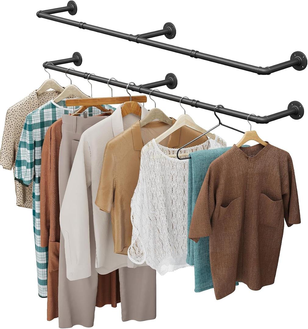 OROPY Clothes Rack, 65.7" Industrial Pipe Clothing Rack 2 Pack for Clothes, Wall Mounted Heavy Duty Space Saving Garment Rack for Closet Storage, Black, 3 Base