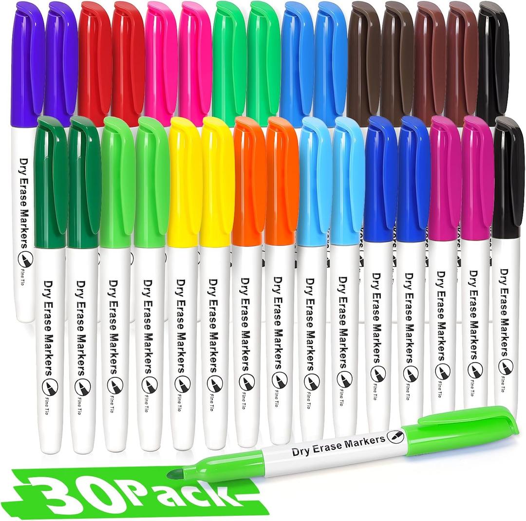 V-Opitos 30 Pack Fine Tip Dry Erase Markers - Bulk Whiteboard Erasable Markers in 15 Colors, Ideal for School Classroom Office Supplies, Non-Toxic & Easy Clean for White board