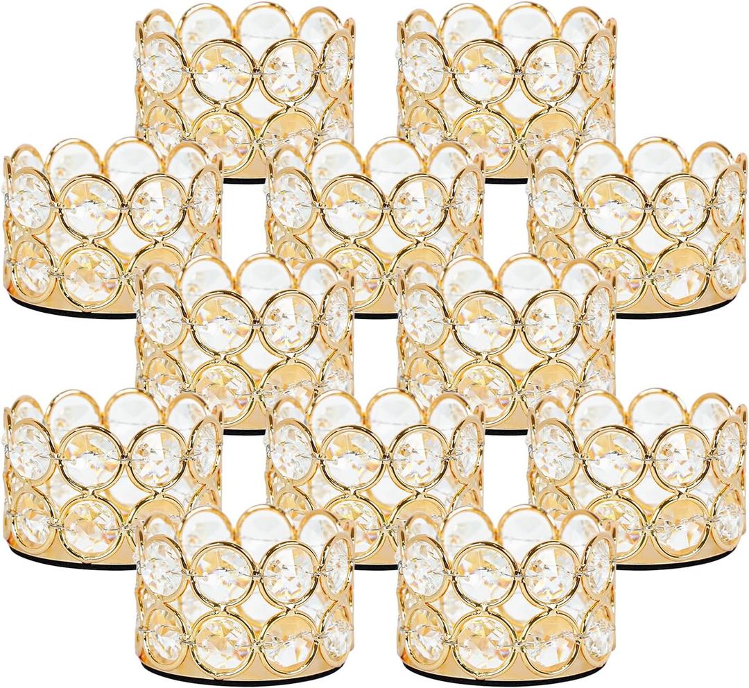 VINCIGANT Pack of 12 Gold Crystal Tea Light Candle Holders for Wedding Home Table Centerpiece Decoration, Valentine's Day Gifts (Candle Excluded)