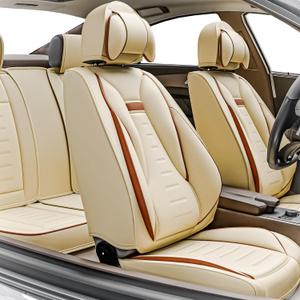 5PCS Angel Wings Front and Back Car Seat Covers Auto Interior Accessories with Water Proof Nappa Leather for Cars SUV Pick-up Truck Universal Comfortable and Breathable (Full Set, Beige)