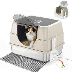 Enclosed Cat Litter Box with Flip-Top Lid, Stainless Steel Large Covered Litter Box, High Sided Metal Litter Pan with Litter Scoop & Mat, Odor Control, Leak Proof, Easy Cleaning, White