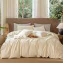 MooMee Wavy Striped Duvet Cover Set 100% Washed Cotton Linen Like Textured Breathable Durable Soft Comfy (Cream White, Oversized Queen 98"x98")