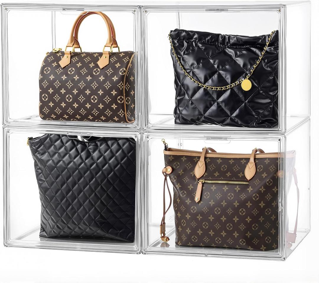 HBlife 4 Pack Purse Storage Organizer for Closet, X-Large Clear Stackable Handbag Display Case Box with Magnetic Door for Collectibles, Cosmetics, Women Heels and Toys