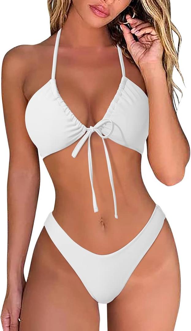 OMKAGI Women Sexy Thong Bikini Swimsuit Set Push Up String Brazilian Bathing Suits(M, White)