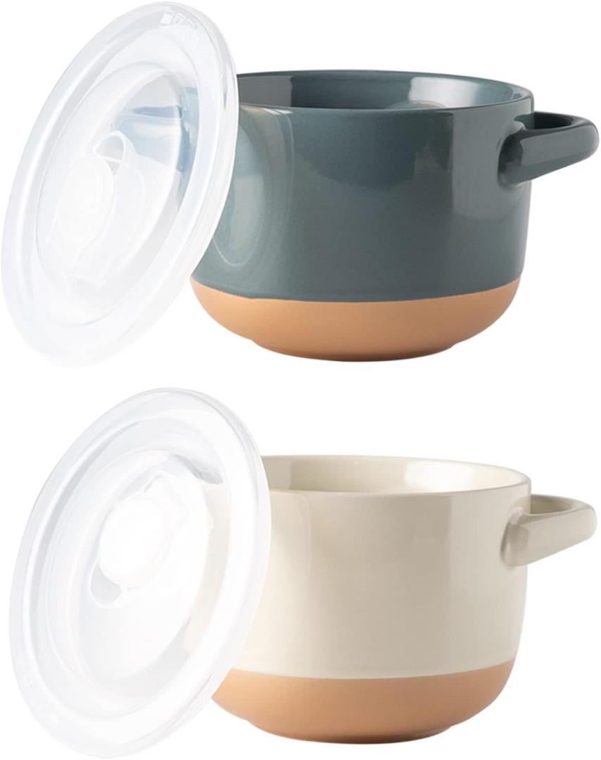 AmorArc 24 Ounces Soup Bowls with Large Handles and Lids, Stoneware Bowls Set of 2 for Soup, Cereal, Stew, Noodle, Colourful Ceramic Kitchen Bowls, Microwave&Dishwasher Safe, Grey&Beige (Set of 2, Beige&Gray)