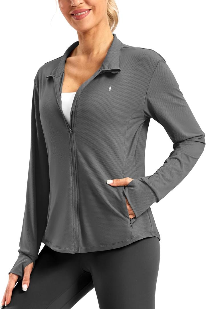 Soothfeel Women's UPF 50+ Lightweight Athletic Jackets Sun Protection Zip Up Long Sleeve Shirts Hiking Workout Outdoor Pocket (Gray, M)