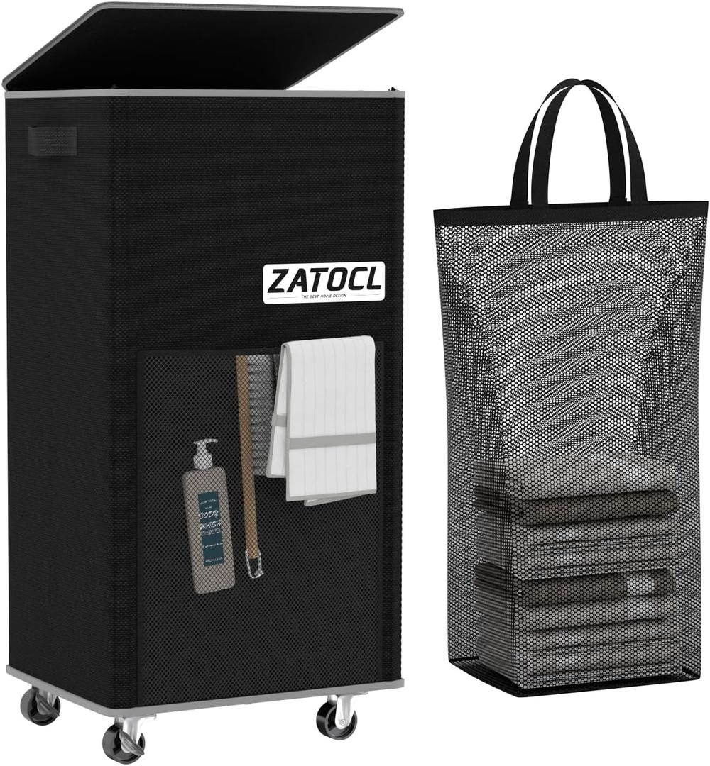 Laundry Hamper with Lid and Wheels, 29 Gal Rolling Laundry Basket with Washing Bag & Front Mesh Bag, Collapsible Dirty Clothes Hampers for Bedroom Aesthetic, Bathroom, Dorm, Laundry Room - Easy Carry (120L, Black)