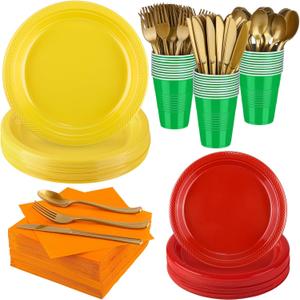 Aodaer 400 Pieces Colorful Dinnerware Set, Disposable Party Supplies Include 7/9 Inch Yellow Red Plastic Plates Green Cups Cutlery Napkins for Rainbow Birthday Party Decor, Serve 50 Guest