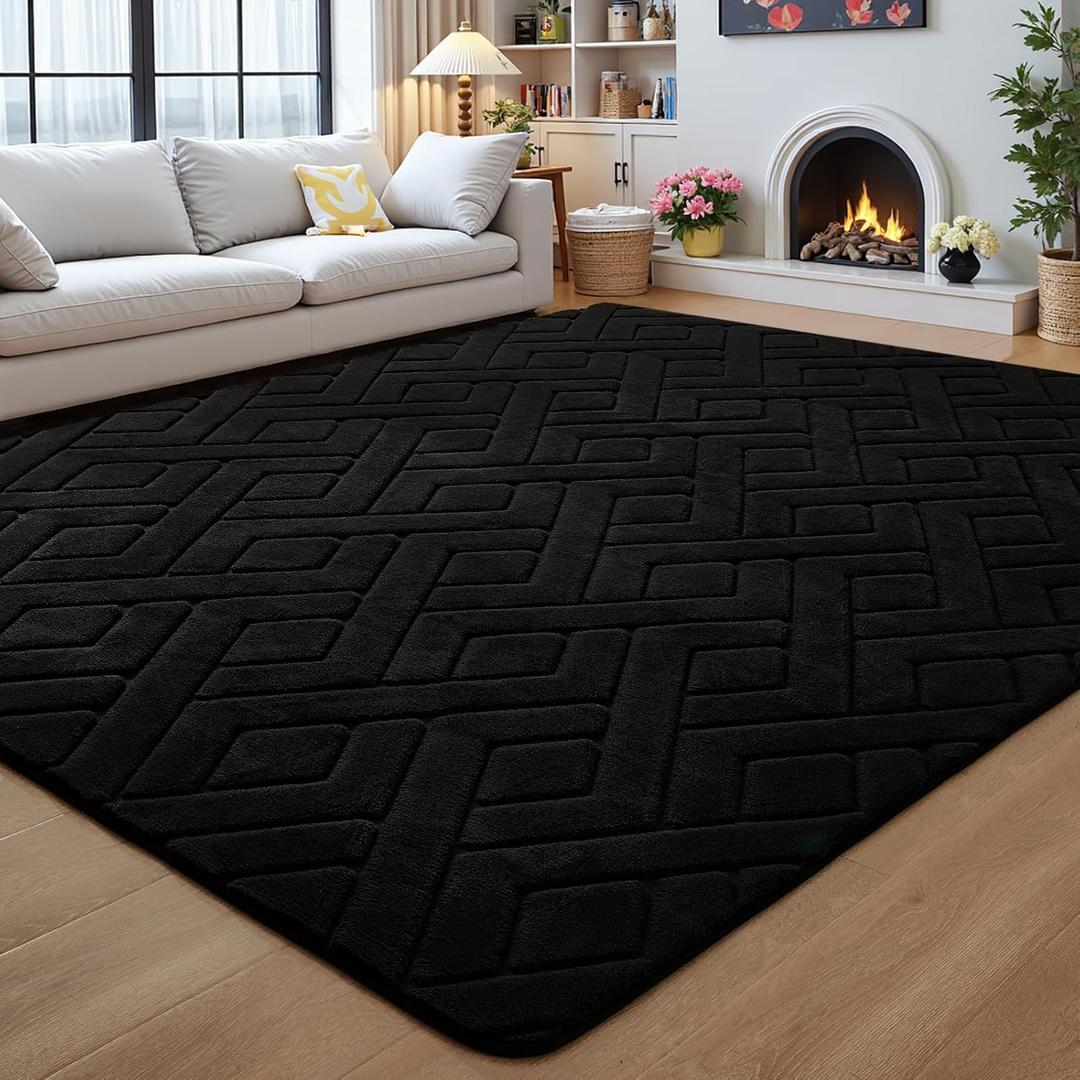 4x6 Black Washable Area Rug for Bedroom, Modern Geometric Shag Non-Slip Living Room Rugs, Fluffy Plush Soft Memory Foam Carpet for Kids Boys Room Nursery Room Dorm Bedside Decor