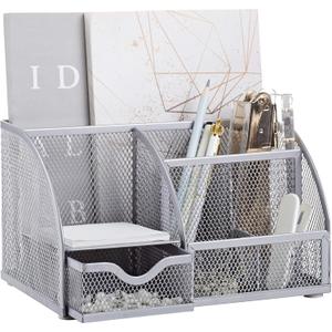 Annova Mesh Desk Organizer Office with 7 Compartments + Drawer/Desk Tidy Candy/Pen Holder/Multifunctional Organizer (Silver)