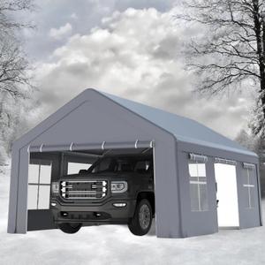 Carport 13'x20' Heavy Duty, Portable Garage with 3 Roll-Up Doors & 5 Windows, All Season Waterproof Car Canopy Outdoor Storage Shed for Pickup Truck Boat, Gray