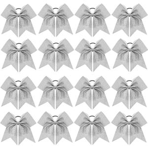 16 PCS 8" Large Glitter Cheer Bows for Cheerleaders, CN Sparkly Hair Bows with Elastic Hair Ties Accessories for Teens Girls Women Cheerleading Softball Competition Sports (Silver)