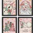 DSHFG Pink Christmas Pictures Wall Decor Prints 4Pcs, Pink Christmas Bathroom Bedroom Wall Art, Snowman Santa Claus Decor Posters, Xmas Decorations for Home, 8x10 Unframed