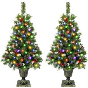 2 Pack 4 Ft Christmas Entrance Tree in Gold Pot Base, Artificial Outdoor Christmas Potted Tree with 80 White White Lights 12 Modes Timer for Porch Front Door Entryway Xmas Decor