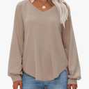 EXLURA Womens Fall Oversized V Neck Tunic Tops 2025 Casual Long Sleeve Shirts Lightweight Soft Sweater Curved Hem T Shirts Size S