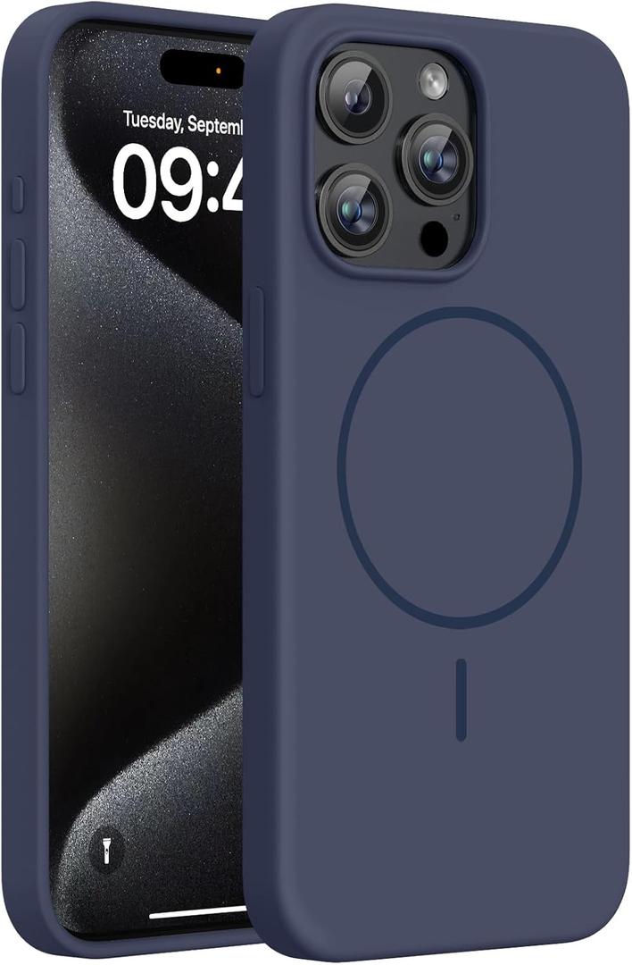 Miracase Magnetic for iPhone 15 Pro Max Case, [Soft Anti-Scratch Microfiber Lining], Compatible with MagSafe, Liquid Silicone Case Shockproof Drop Protection Phone Case for 15 ProMax, Dark Blue