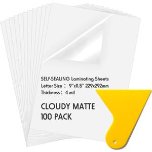 Kosiz 100 Pack Matte Self Adhesive Laminating Sheets, 9 x 11.5 Inches, 4 Mil Thick for Letter Size 8.5 x 11 Matte Finish Self Lamination Sealing, No Heat Laminating, With Scraper