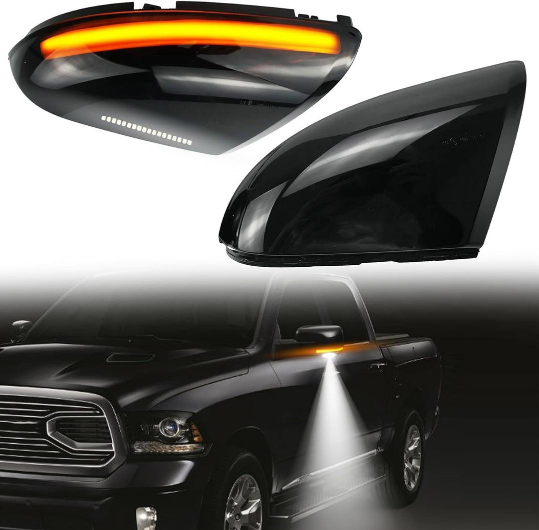 Sequential Dynamic LED Side Mirror Turn Signal Light Compatible with Dodge Ram 1500 2009-2018,Fit for Ram 2500 2010-2018 Mirror Marker Lamp Smoked Puddle Light Assembly, 2 Packs