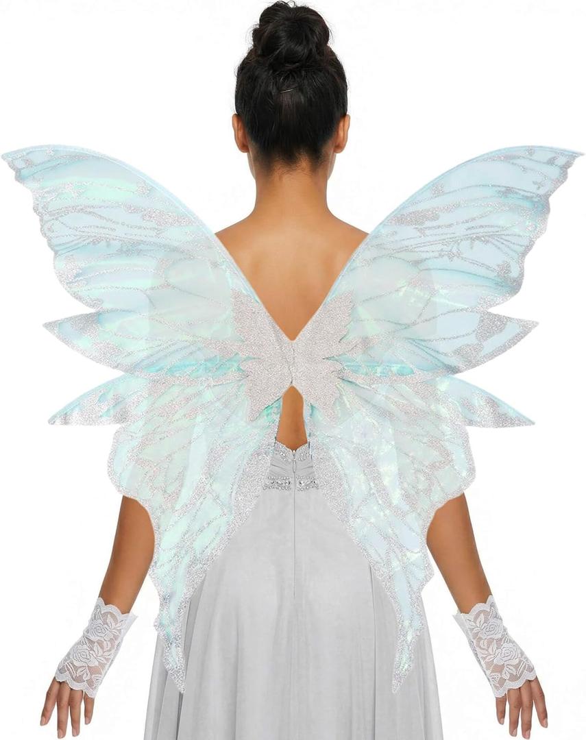 YKW Fairy Wings for Adult Women,31.5"x29" Butterfly Cosplay Wings with Lace Gloves,Organza Costume Wings for Halloween Party (White (White + Light Blue))