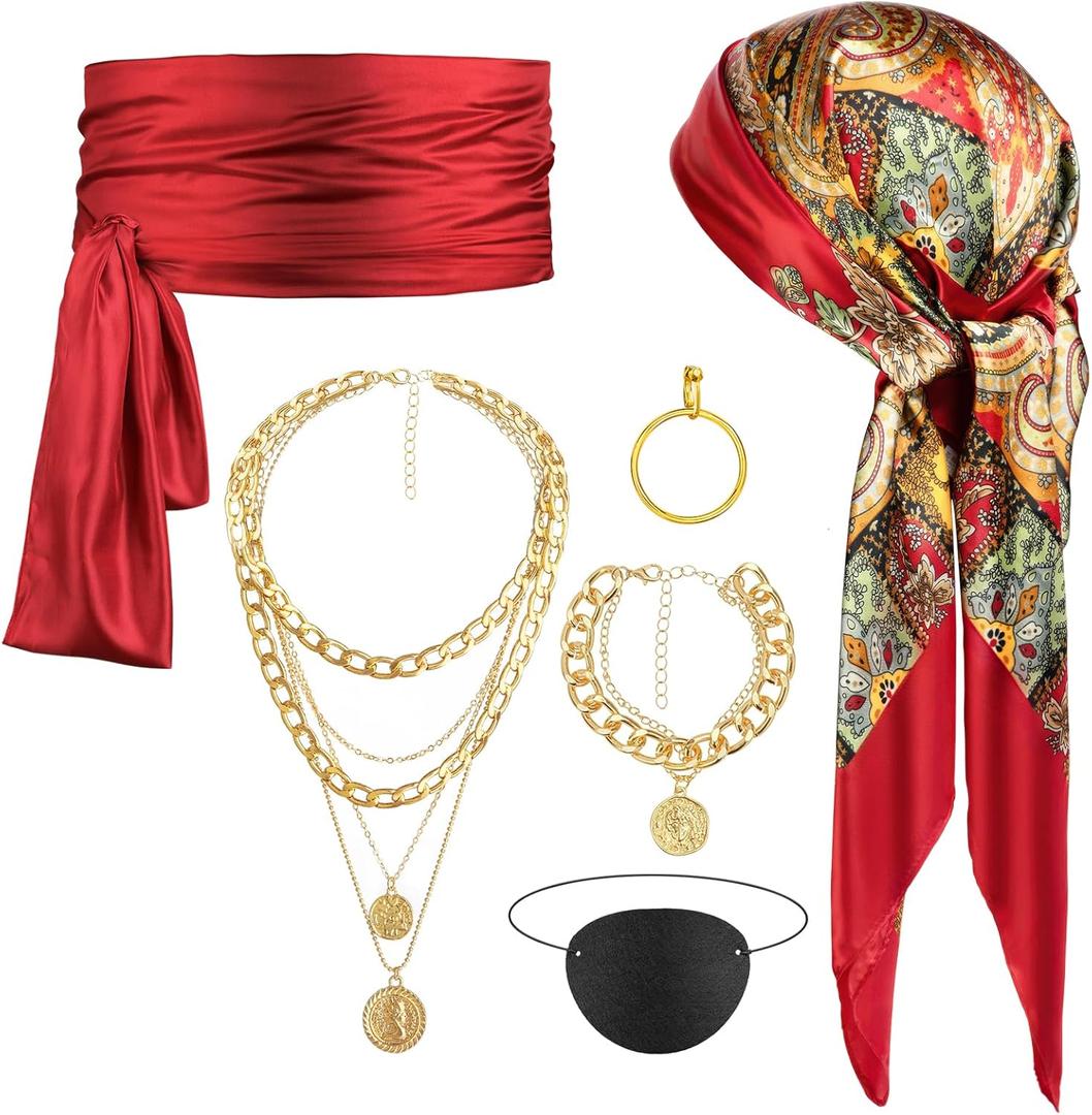 6PCS Pirate Costume Set,Women Pirate Accessories Head Scarf Sash Necklace,Halloween Outfit Accessories for Adult Cosplay Party