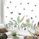 Palm Leaves Wall Decals Boho Tropical Leaves Wall Sticker Removable Green Plant Leaf Walls Decal Peel and Stick Tropical Leave Butterflies Vinyl Art Mural for Bedroom Living Room TV Background Decor